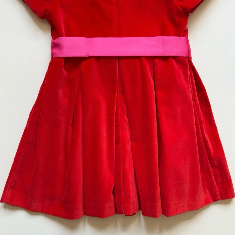 Jacadi Girls Philippine Dark Orange Pleated Velvet Holiday Dress w/ Pink Bow